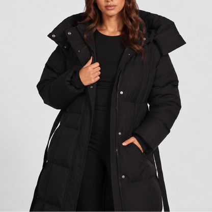 Women's long hooded puffer coat waist belt detail