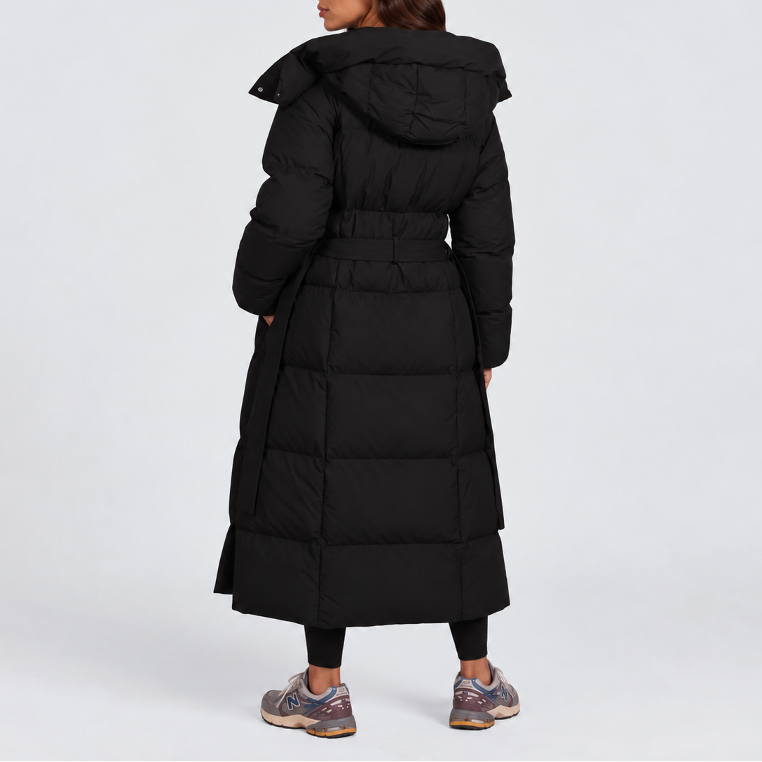 Women's long hooded puffer coat side pocket detail