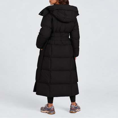 Women's long hooded puffer coat side pocket detail