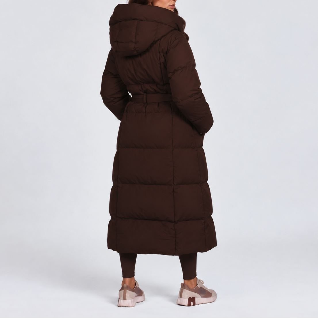 Women's long hooded puffer coat colour options