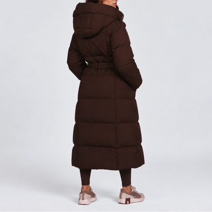 Women's long hooded puffer coat colour options
