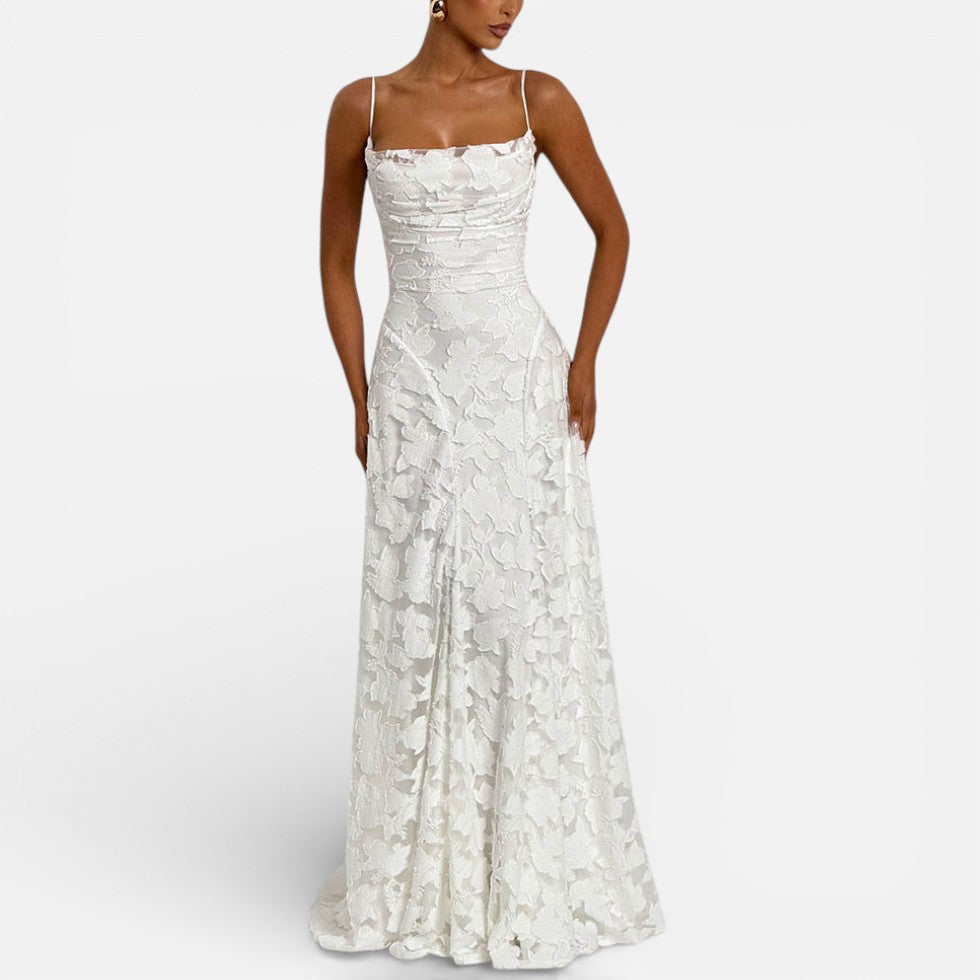 Women's Long Lace Evening Dress with Spaghetti Straps