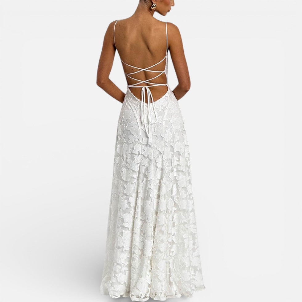 Women's Long Lace Evening Dress with Spaghetti Straps