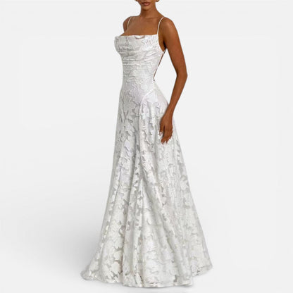 Women's Long Lace Evening Dress with Spaghetti Straps