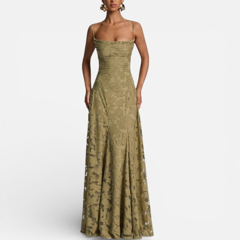Women's Long Lace Evening Dress with Spaghetti Straps