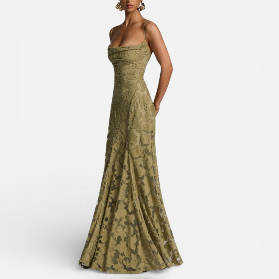 Women's Long Lace Evening Dress with Spaghetti Straps