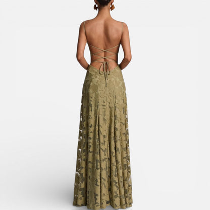 Women's Long Lace Evening Dress with Spaghetti Straps