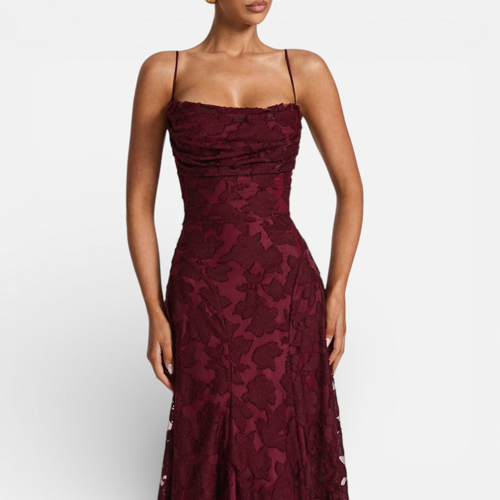 Women's Long Lace Evening Dress with Spaghetti Straps