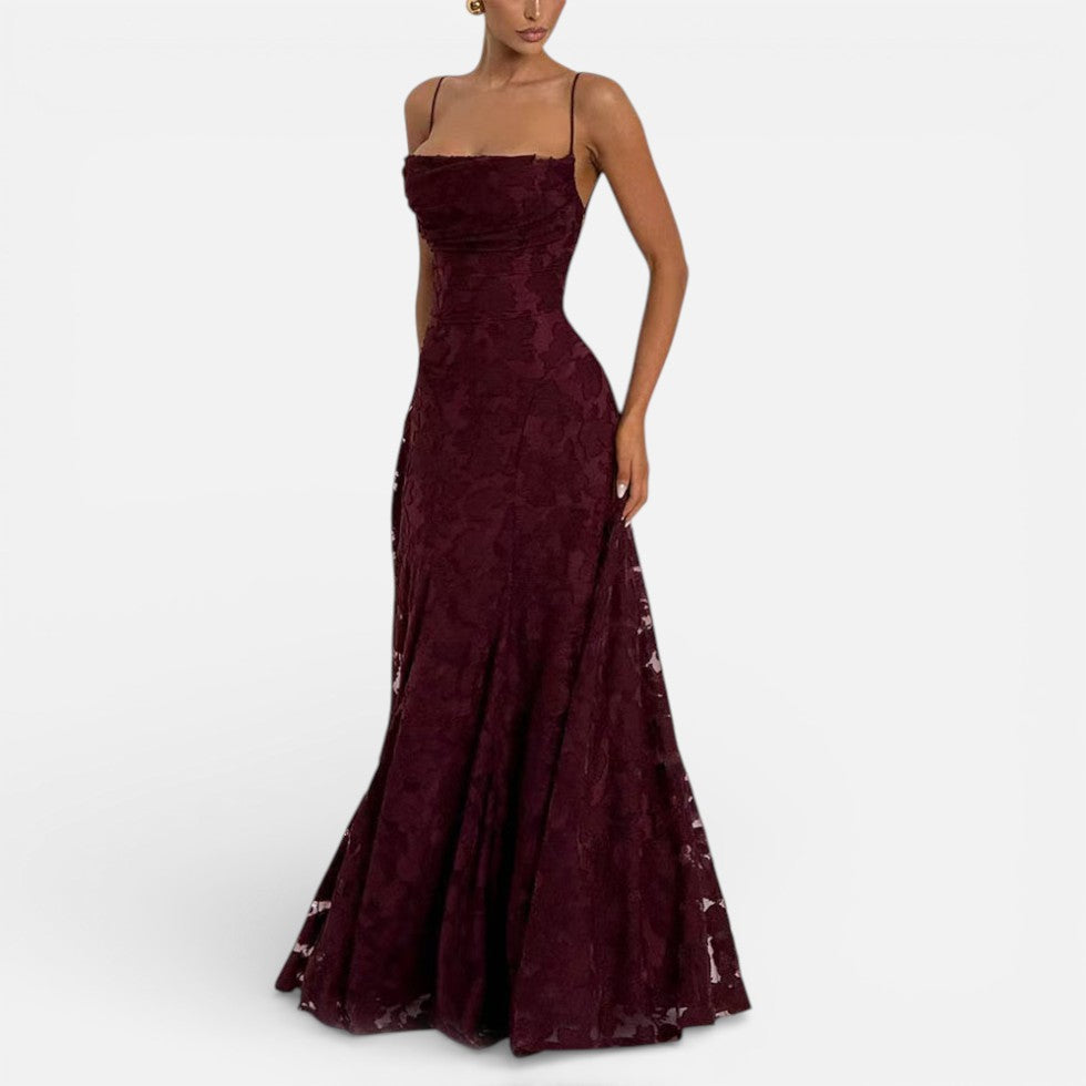 Women's Long Lace Evening Dress with Spaghetti Straps