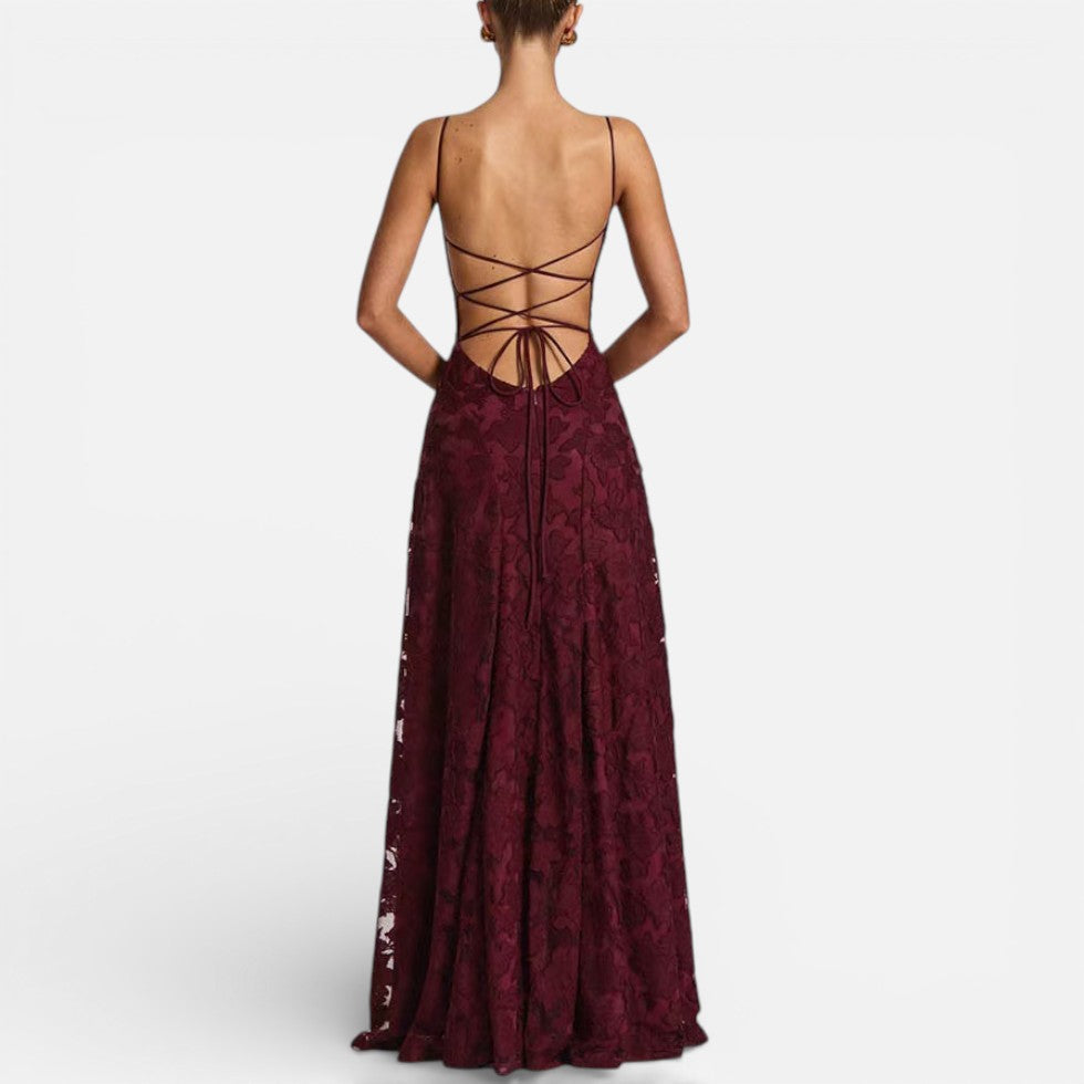 Women's Long Lace Evening Dress with Spaghetti Straps