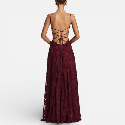 Women's Long Lace Evening Dress with Spaghetti Straps