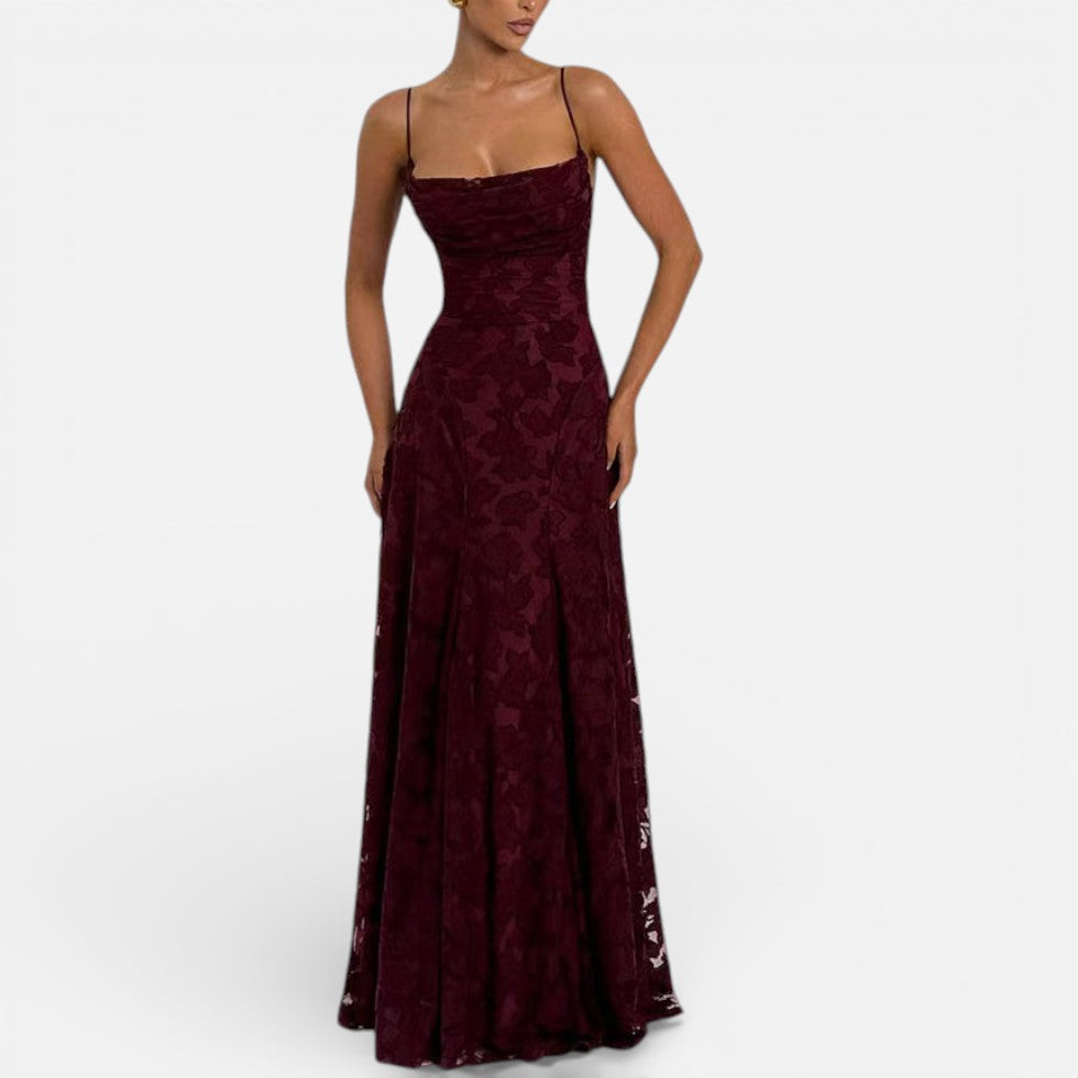 Women's Long Lace Evening Dress with Spaghetti Straps
