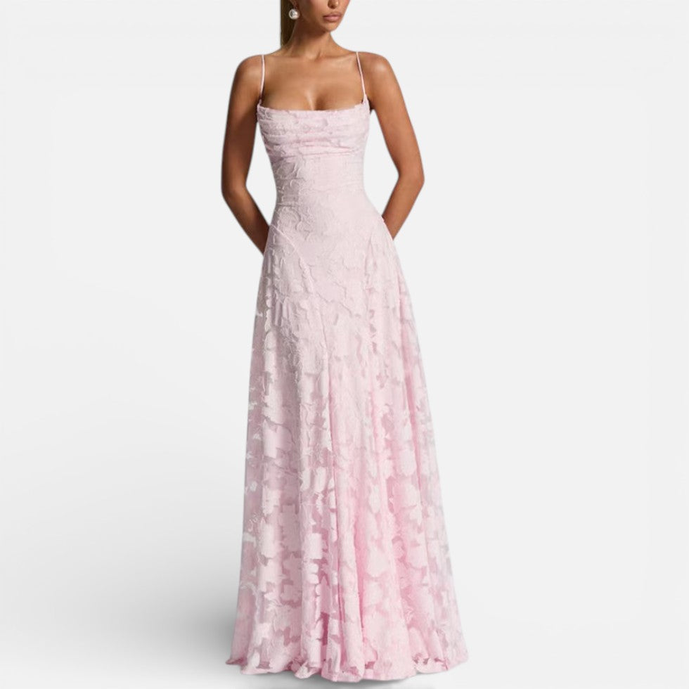 Women's Long Lace Evening Dress with Spaghetti Straps