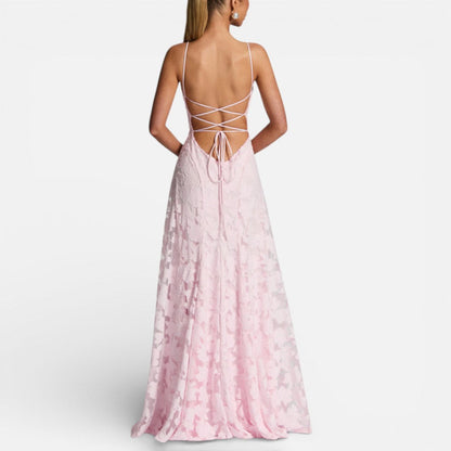 Women's Long Lace Evening Dress with Spaghetti Straps