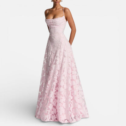 Women's Long Lace Evening Dress with Spaghetti Straps
