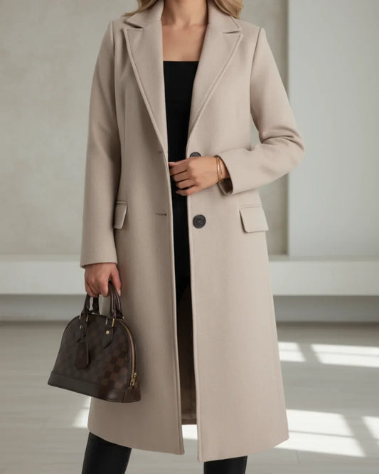Women's Long Tailored Wool Coat with Notched Lapel