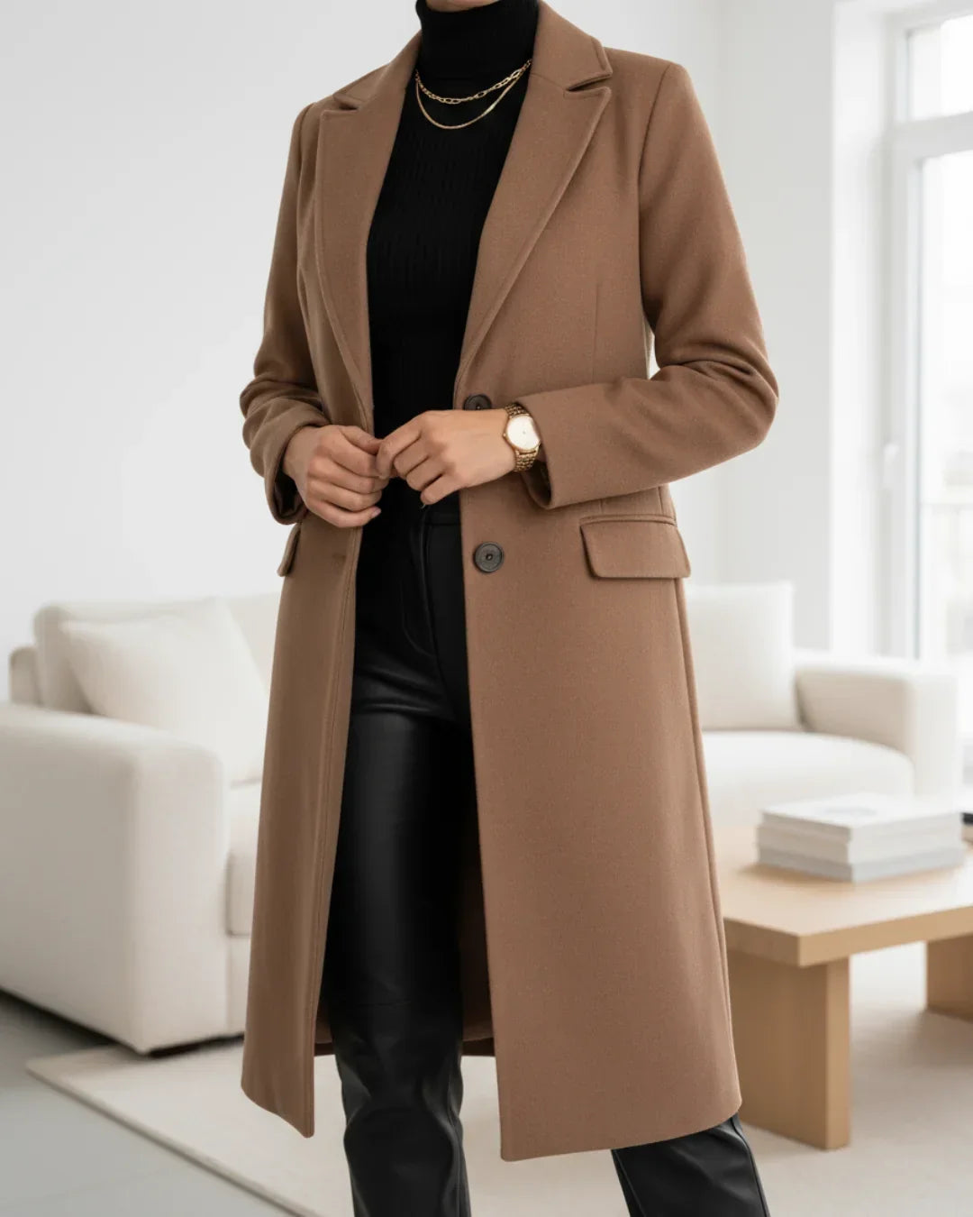 Women's Long Tailored Wool Coat with Notched Lapel