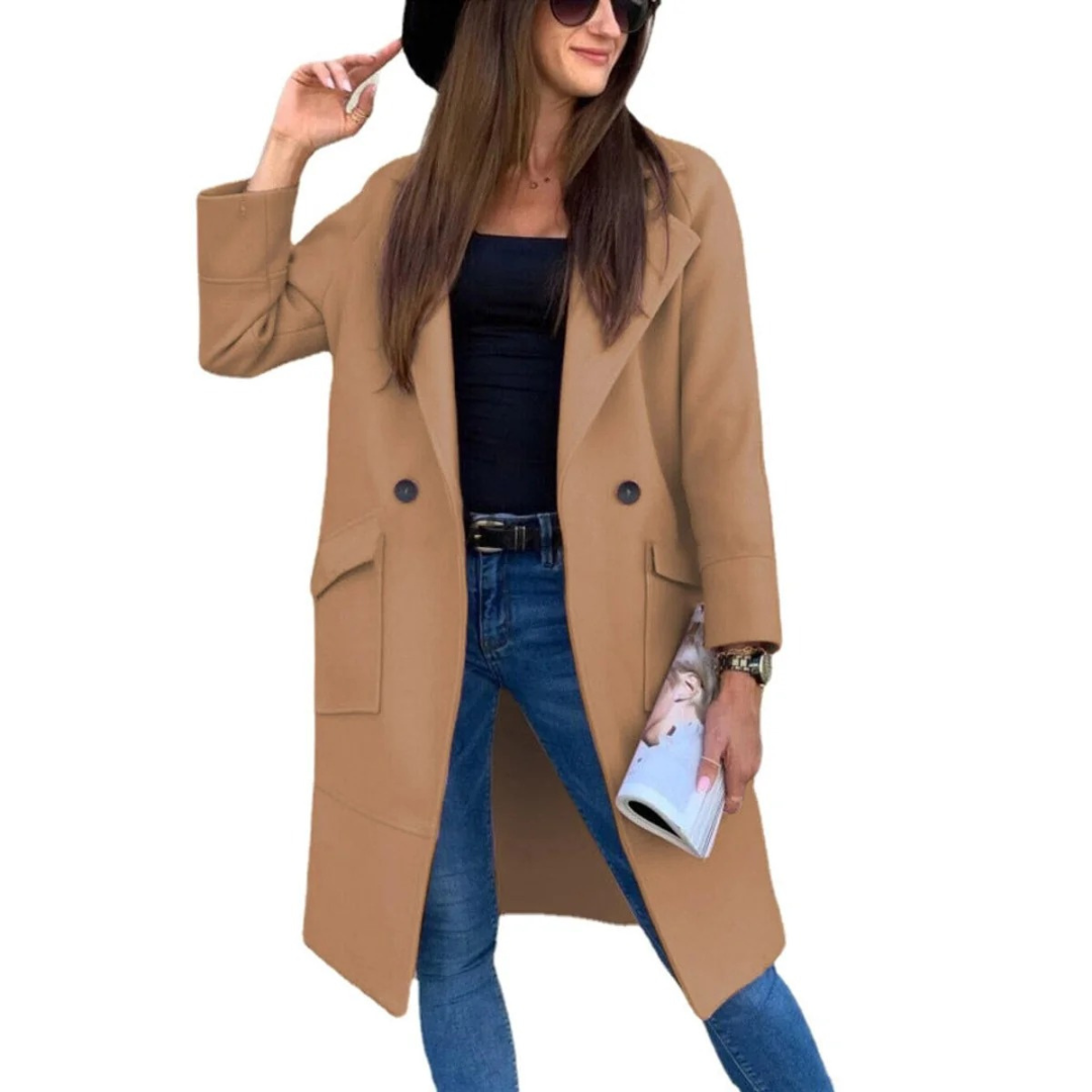 Women's Long Wool Blend Coat with Button Front and Patch Pockets