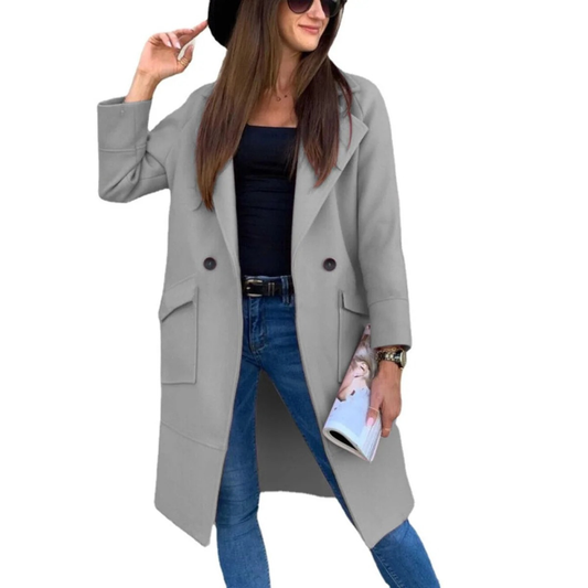 Women's Long Wool Blend Coat with Button Front and Patch Pockets