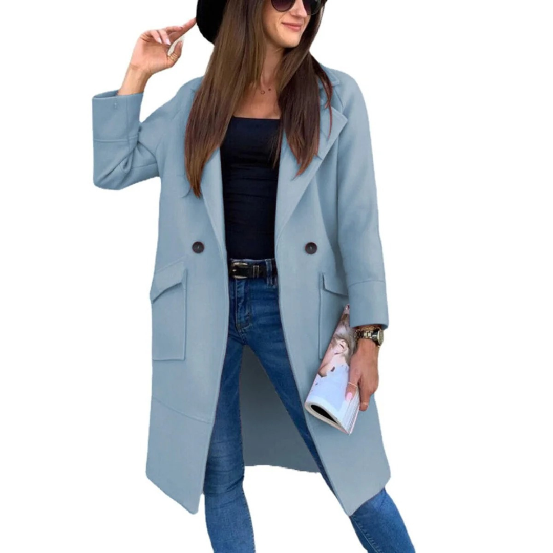 Women's Long Wool Blend Coat with Button Front and Patch Pockets