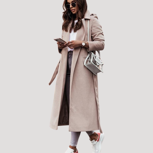 Women's Longline Belted Coat with Tie Waist and Notch Lapel