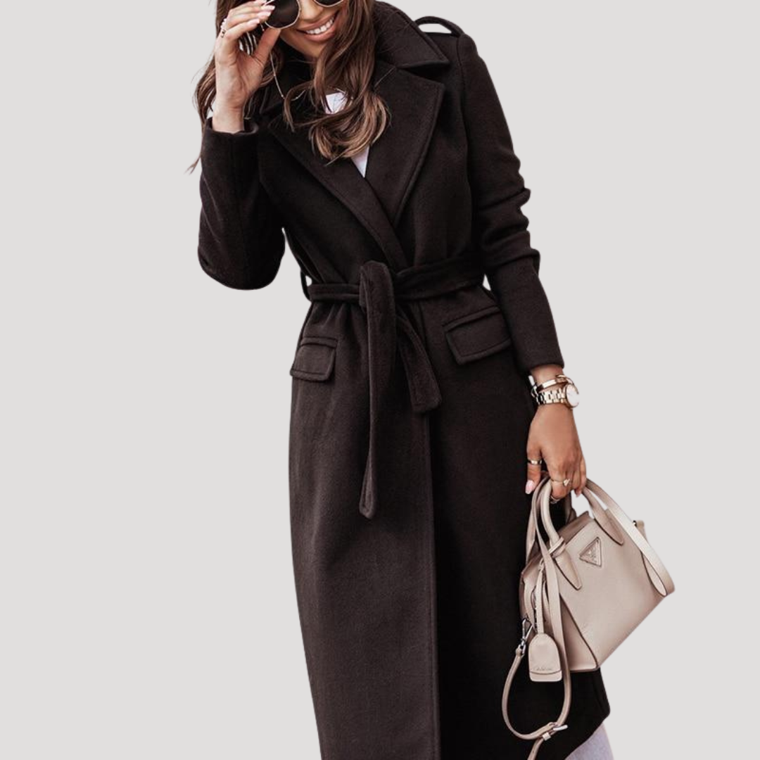 Women's Longline Belted Coat with Tie Waist and Notch Lapel