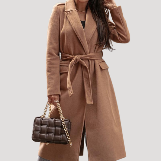 Women's Longline Belted Coat with Tie Waist and Notch Lapel