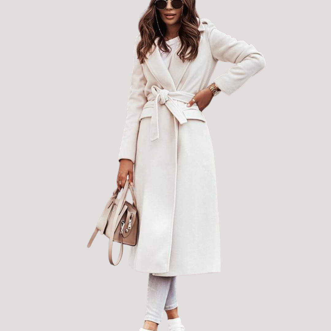 Women's Longline Belted Coat with Tie Waist and Notch Lapel