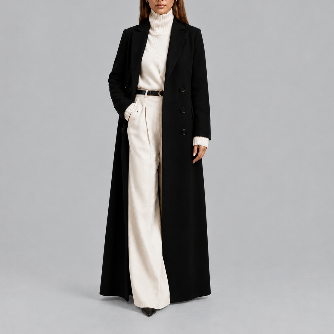 Women's longline double breasted winter overcoat front view