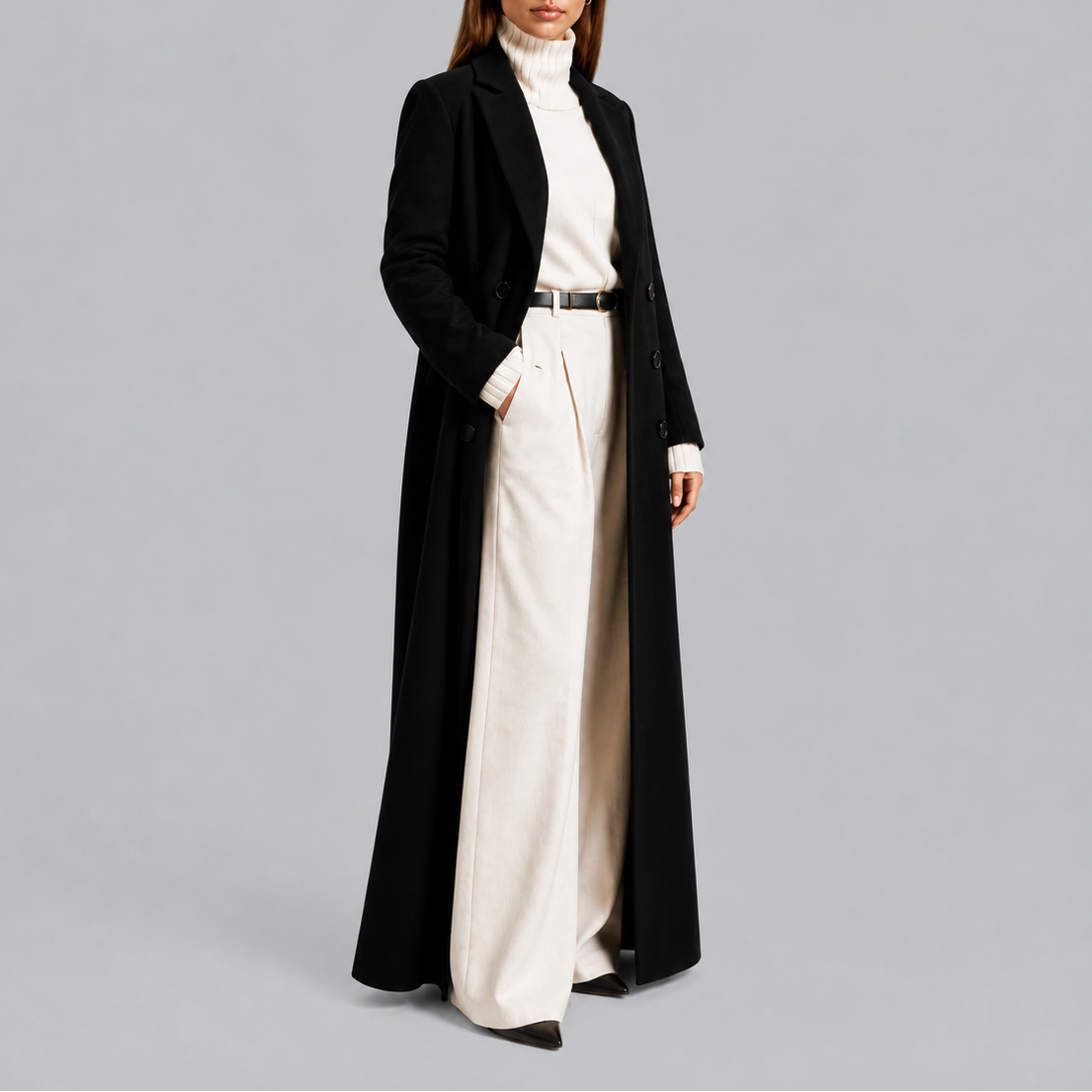 Women's longline double breasted overcoat tailored silhouette