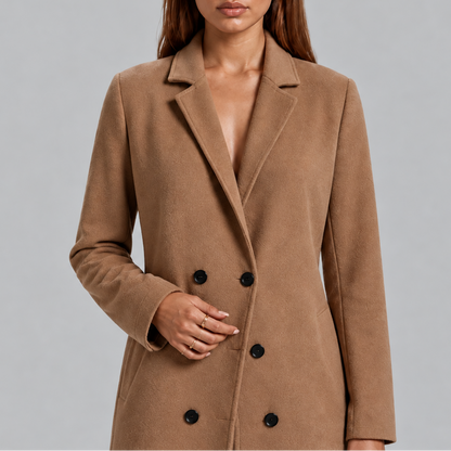 Women's longline double breasted overcoat back view
