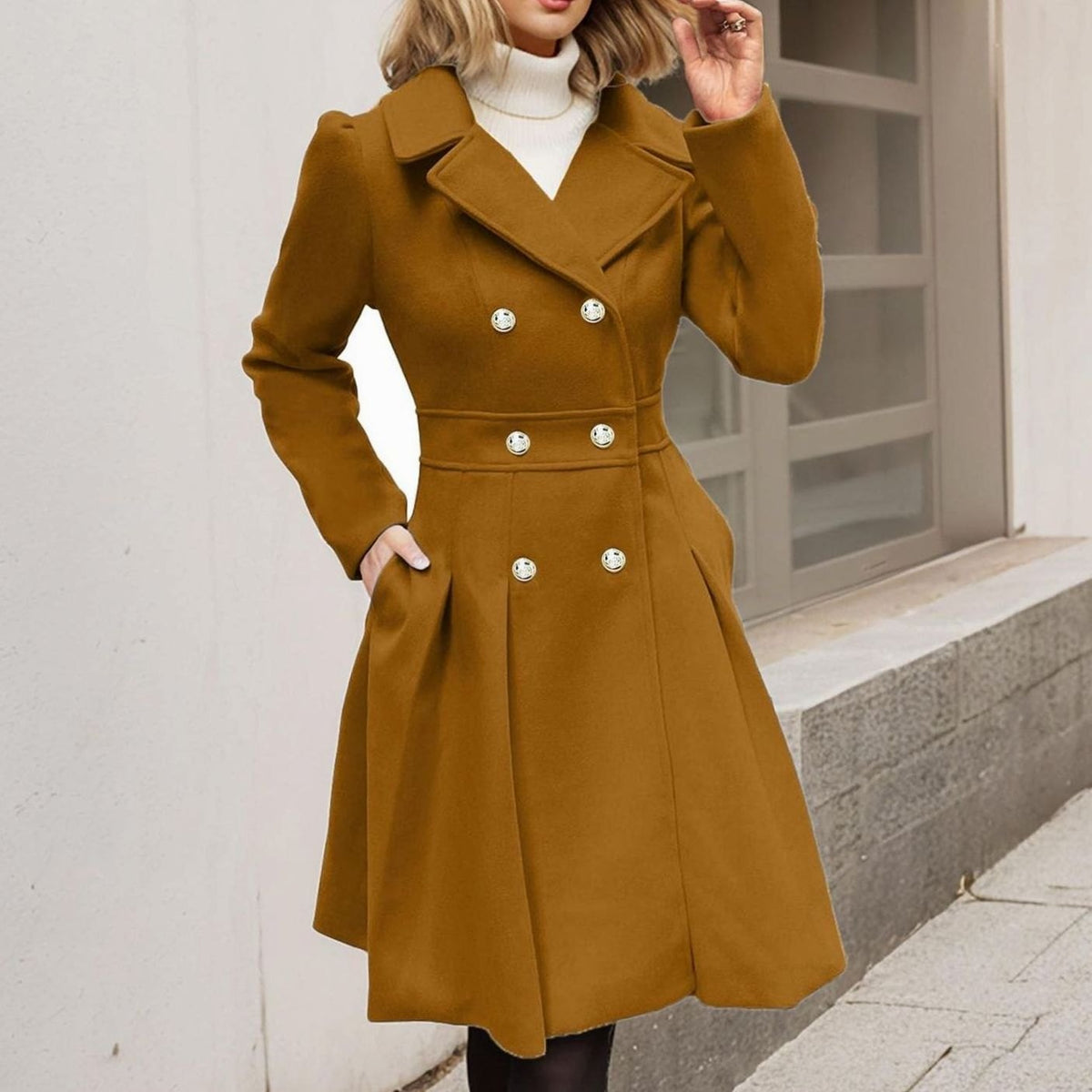 Women's Longline Flared Winter Coat with Double Breasted Front