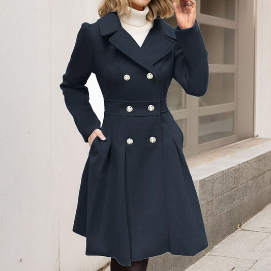 Women's Longline Flared Winter Coat with Double Breasted Front