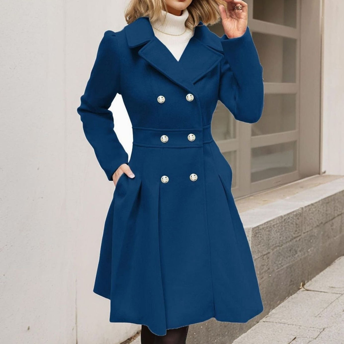 Women's Longline Flared Winter Coat with Double Breasted Front