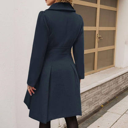 Women's Longline Flared Winter Coat with Double Breasted Front