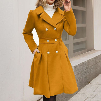 Women's Longline Flared Winter Coat with Double Breasted Front
