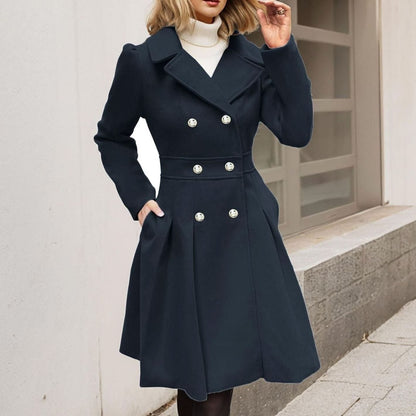 Women's Longline Flared Winter Coat with Double Breasted Front