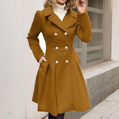 Women's Longline Flared Winter Coat with Double Breasted Front