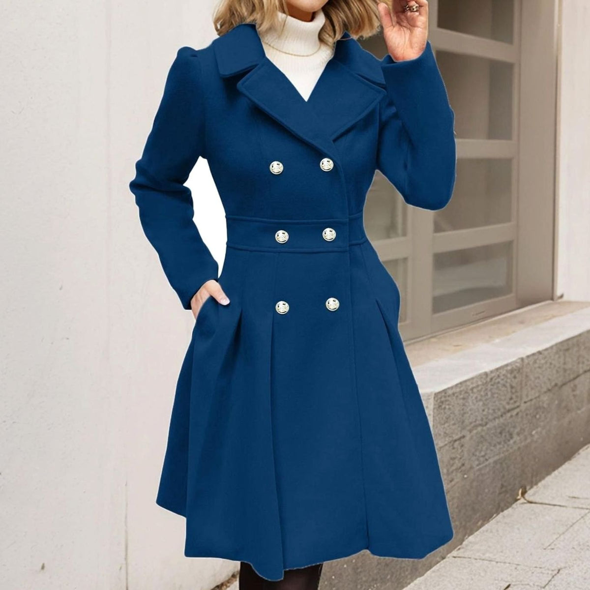 Women's Longline Flared Winter Coat with Double Breasted Front