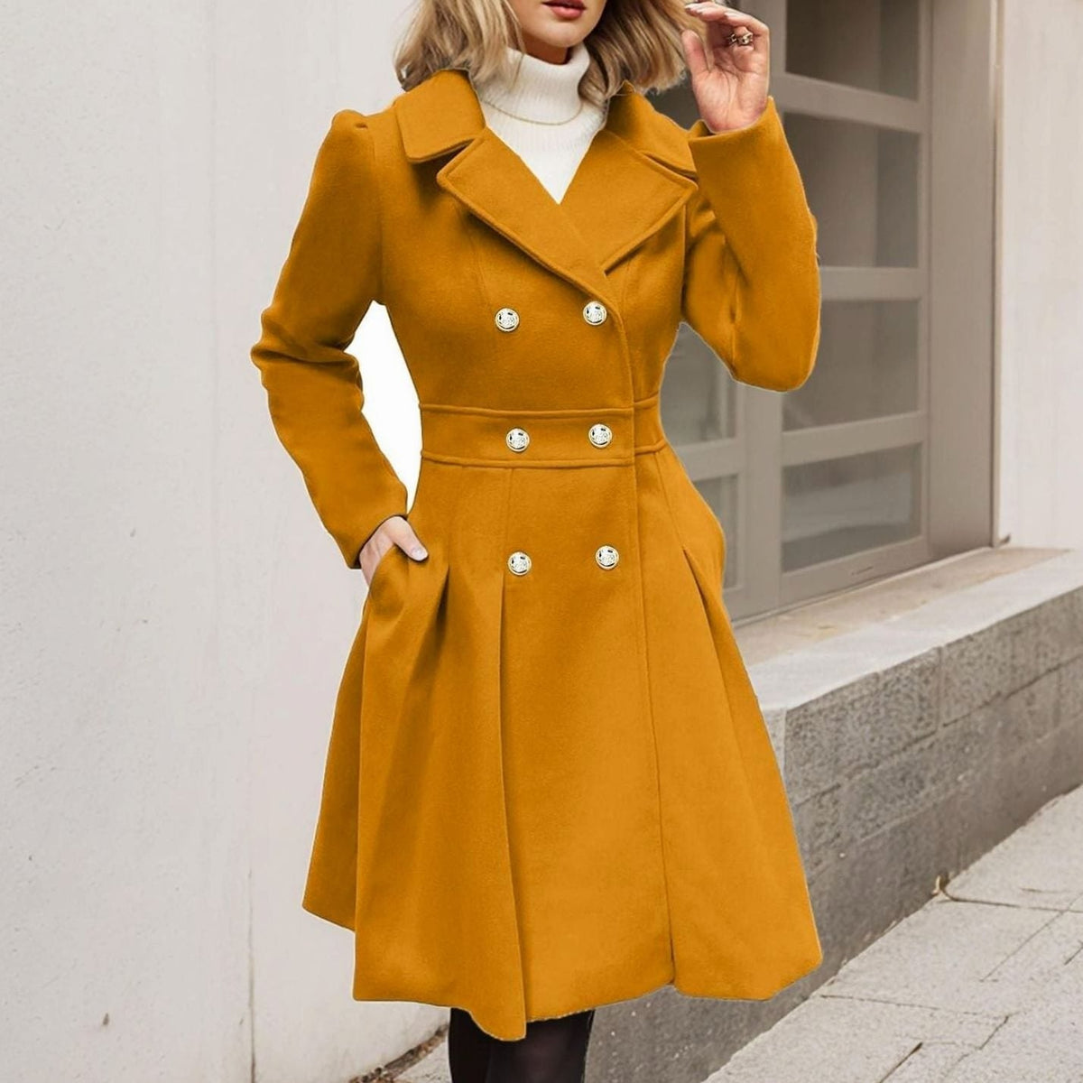 Women's Longline Flared Winter Coat with Double Breasted Front