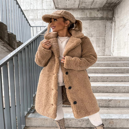 Women's Longline Teddy Bear Coat with Notched Collar
