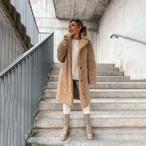 Women's Longline Teddy Bear Coat with Notched Collar