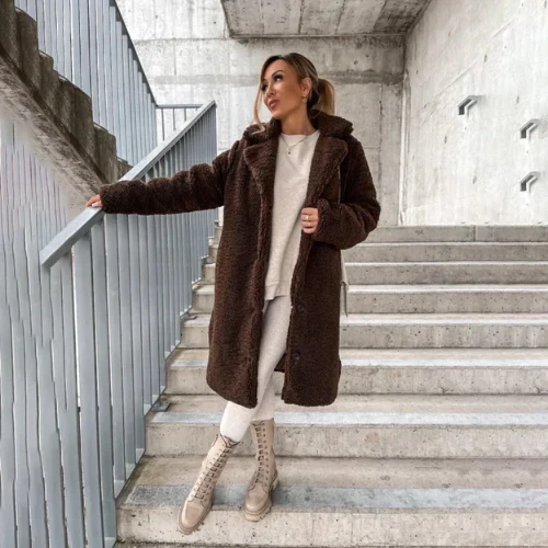 Women's Longline Teddy Bear Coat with Notched Collar