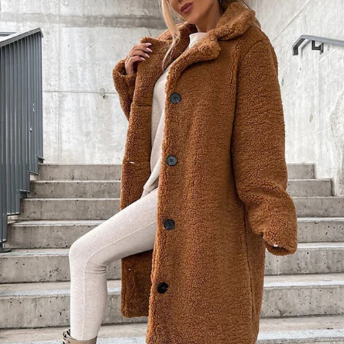 Women's Longline Teddy Bear Coat with Notched Collar