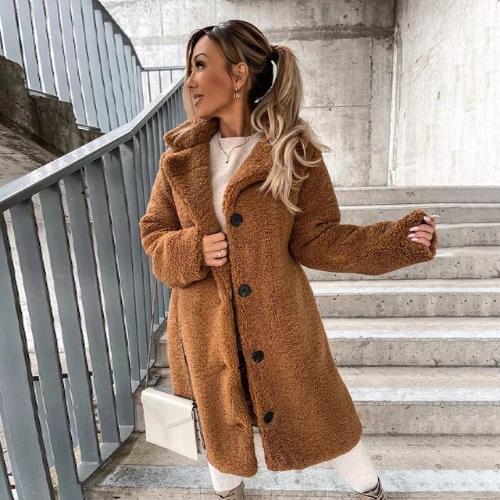 Women's Longline Teddy Bear Coat with Notched Collar