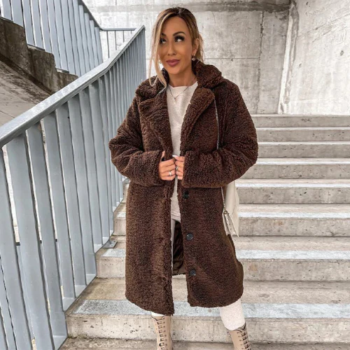 Women's Longline Teddy Bear Coat with Notched Collar