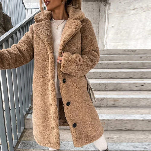 Women's Longline Teddy Bear Coat with Notched Collar