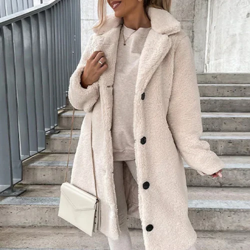 Women's Longline Teddy Bear Coat with Notched Collar