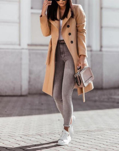Women's Longline Winter Coat with Button Placket & Belt