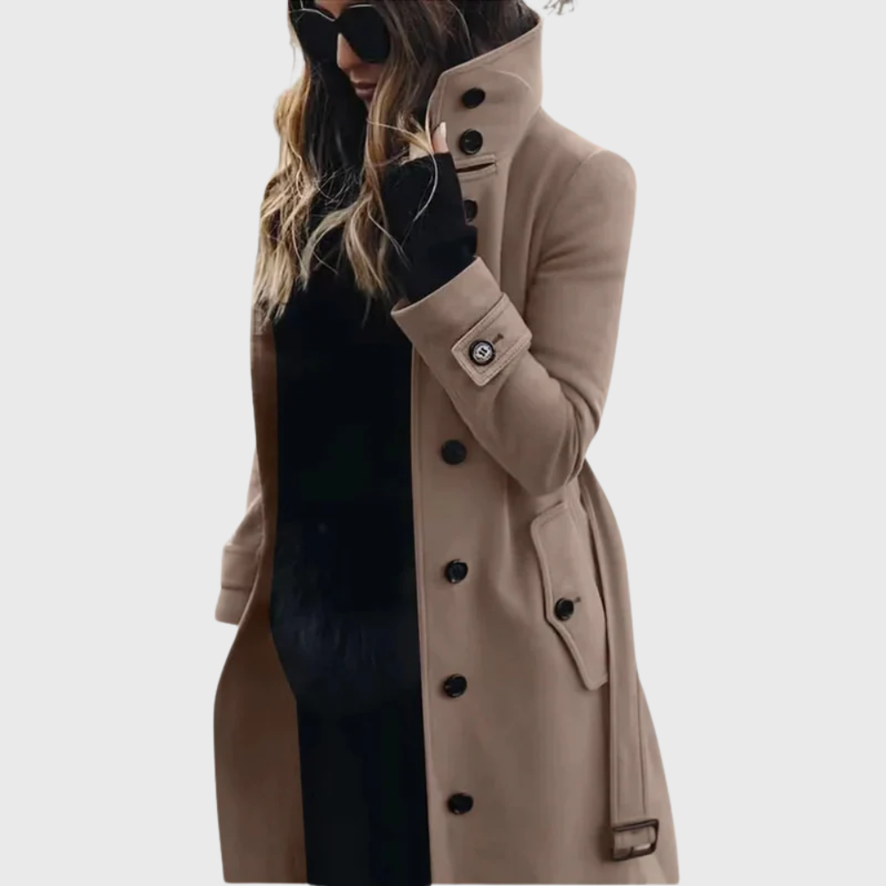 Women's Longline Winter Coat with Stand Collar and Cuff Straps
